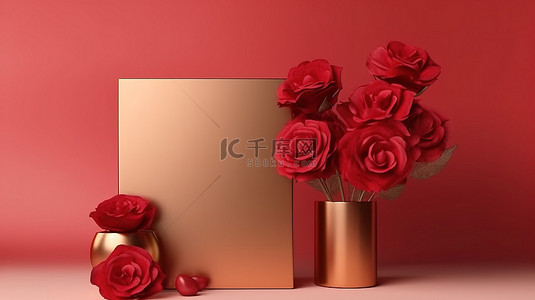 情人节玫瑰金背景图片_高架情人节在抽象背景上展示豪华红玫瑰和金框的 3D 渲染