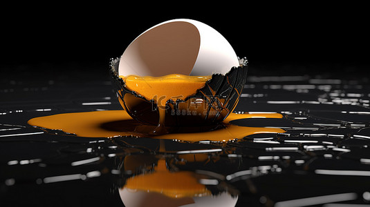 破裂的蛋壳，蛋黄放在桌子上，在 3D 渲染中的黑色背景下反射
