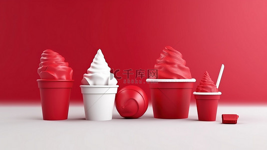红色蛋糕背景图片_塑料风格纸杯蛋糕和冰淇淋甜点的单色纯红色 3D 图标