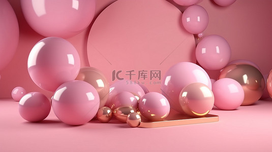 金色生日背景背景图片_3d 渲染中的粉色气球和金色圆圈生日贺卡背景
