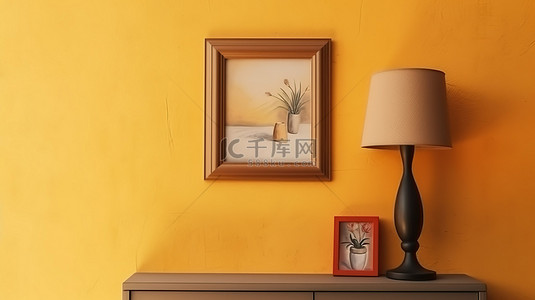 黄框背景图片_带有黄色框照片或艺术品的复古墙的真实 3D 渲染