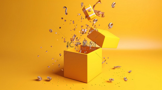 新一年背景图片_黄色主题背景，礼盒打开，3d 渲染的礼物落下，令人惊叹的插图