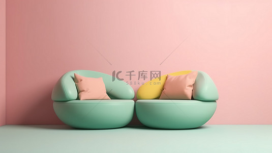 极简主义的 3D 场景，在柔和的粉彩背景上有一张沙发和两个圆形靠垫
