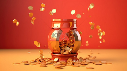 黄金掉落背景图片_3D 渲染灯笼和金币锭中国新年折扣