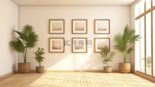 空置空间与绿化和艺术品现代热带室内 3d 渲染