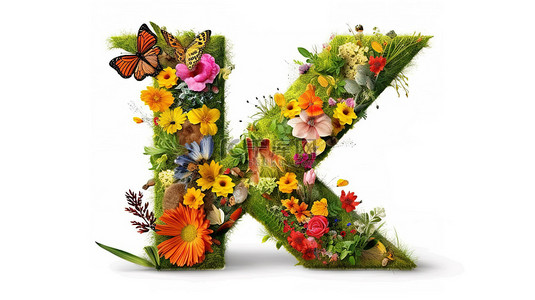 文字花卉背景图片_白色背景上 3d 隔离中的花卉和草字母 x