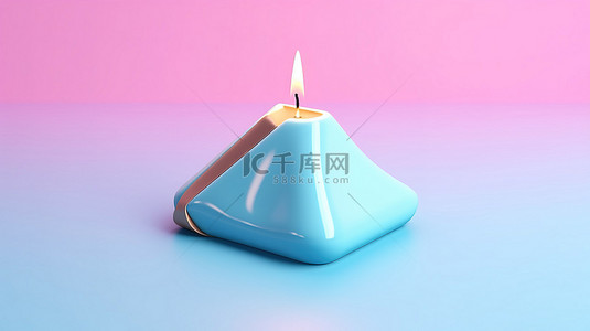 优雅的庆祝活动 3D 渲染的简约蓝色三角形蛋糕，粉红色背景上有节日蜡烛