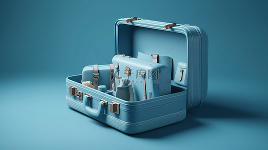 蓝色背景下 3D 插图中旅客的行李或手提箱