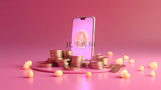 科技文化背景图片_粉红色背景 3D 渲染移动和硬币烛台描绘投资交易股票市场储蓄和金融概念