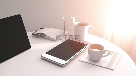 早上在家工作的场景，配有白屏 3D 智能手机笔记本电脑和床上的冰咖啡杯