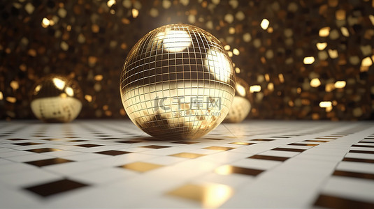 抽象舞蹈派对背景图片_闪闪发光的金色背景上闪闪发光的迪斯科球 3D 渲染概念