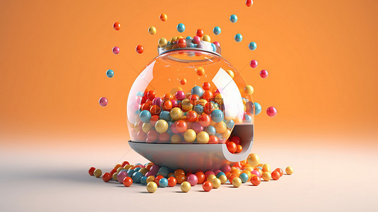 在迷人的橙色 3D 插图中，一股漂浮的食物从充满活力的球体中的胶囊中出现