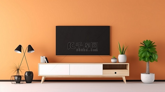 通风的背景图片_明亮通风的客厅，配有电视柜温暖的橙色墙壁和光滑的白色木地板 3D 渲染