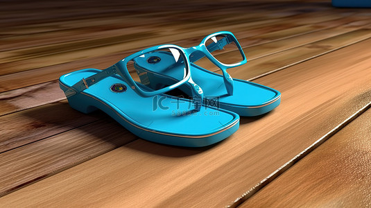 炎热背景图片_基于木质表面的现代凉鞋和蓝色色调 3d 图形设计