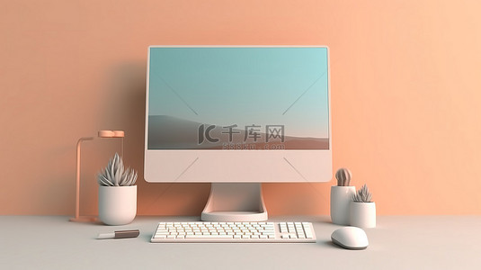 带键盘和空白屏幕模型的台式电脑简约工作区中手的 3D 插图