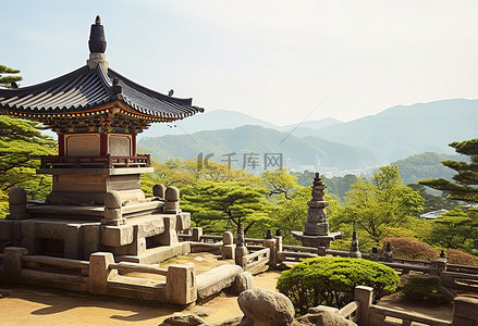 一座古老的石结构矗立在一座寺庙中，俯瞰着山谷