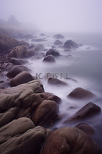 海岸线的雾天以岩石和水为特色