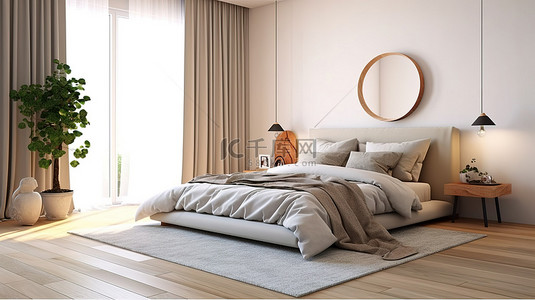 斯堪的纳维亚风格的现代卧室内饰的 3D 渲染