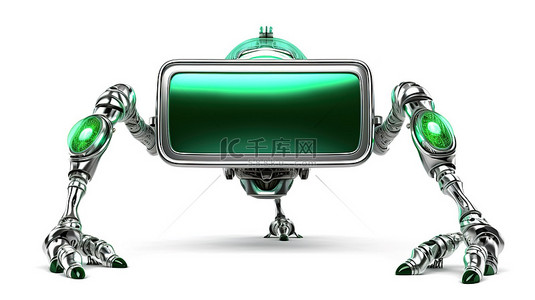 绿色写字框背景图片_白色背景的 3D 渲染，带有镀铬机器人爪和绿色黑板，用于青年设计