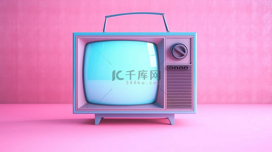 电视机效果背景图片_使用 3D 渲染技术创建的柔和粉色背景上具有双色调效果的复古蓝色电视