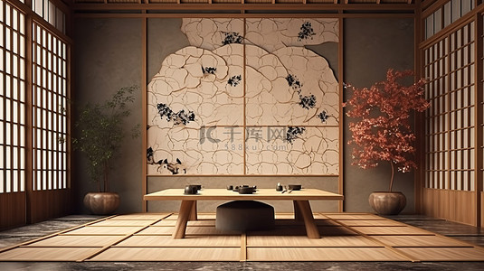 传统的日本日式旅馆，设有禅宗风格的客厅，配有六角形瓷砖和榻榻米地板，装饰有日式装饰 3D 渲染