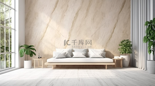 木地板客厅背景图片_斯堪的纳维亚风格的现代舒适简约房间模型，配有白色大理石和木墙背景 3D 渲染