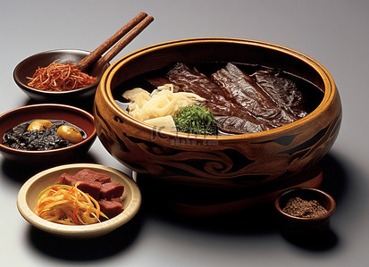 紫苏陈皮茶背景图片_各种食物旁边有一碗肉和米饭