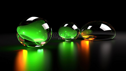发光三重奏黑色背景上带有绿色核心的发光球体的 3D 抽象插图