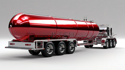 大型红色背景图片_连接到大型红色油罐车的时尚金属拖车 3D 渲染视图