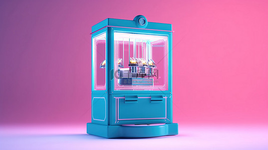 双色调粉色玩具爪起重机街机的 3D 渲染，位于蓝色背景上，没有任何顾客