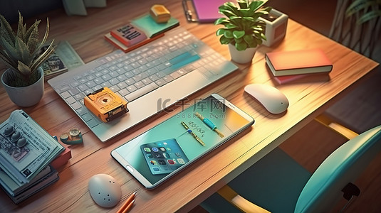 创意工作区 3D 插图的顶视图，其中包含学习场景，桌子上有键盘和智能手机