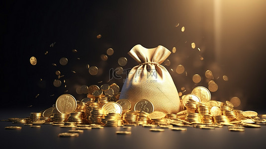 遥望未来背景图片_财富创造金币钱袋钞票的 3D 渲染和 3D 渲染背景上的未来规划插图