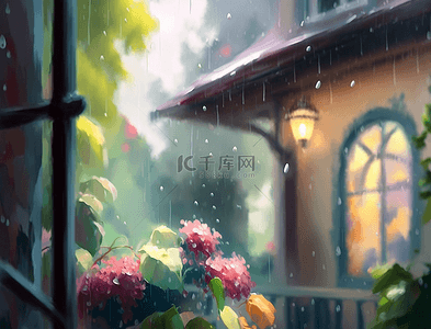 顏背景图片_雨滴花朵阳台花园油画花卉背景