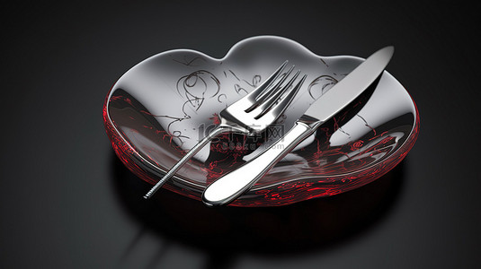 带餐具的心形盘子 3D 渲染