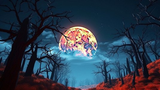 森林月亮夜晚背景图片_幽灵般的万圣节场景满月升起在山和树上蓝天 3d 渲染