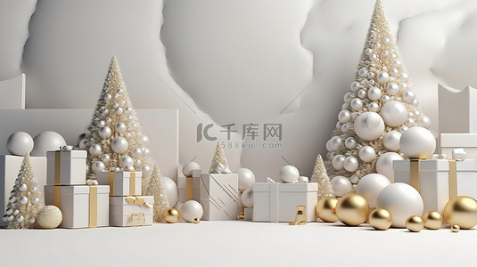 金色礼品台背景图片_当代白色和金色讲台的 3D 插图，配有节日圣诞树礼品气球和新年装饰品
