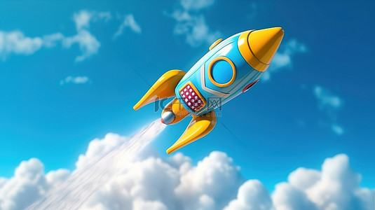 穿梭云层背景图片_异想天开的玩具火箭在 3D 创建的灿烂蓝天上的云层中翱翔