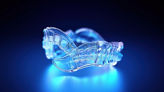 蓝色背景上的 Invisalign 隐形牙套的 3D 渲染