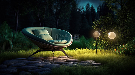 森林和草地背景的户外休闲椅夜间 3D 插图