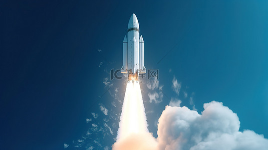 设计烟雾背景图片_火箭以 3D 形式发射，在蓝天上喷射烟雾