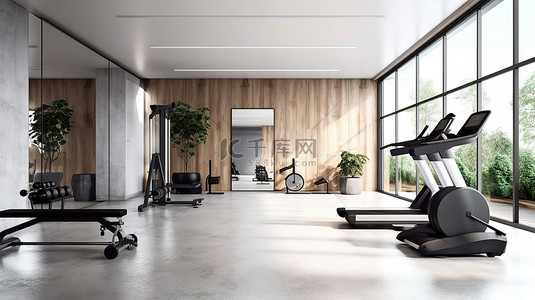 具有现代室内设计的健身房的现代 3D 渲染