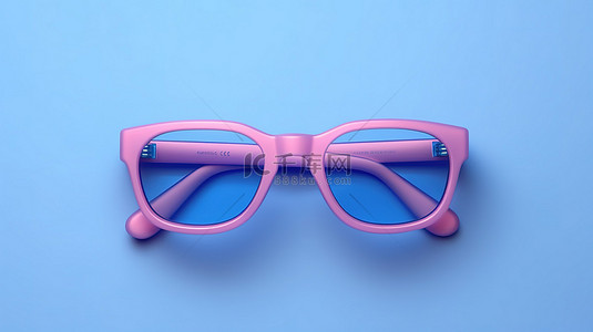 带有蓝色 3D 眼镜的粉红色背景的顶视图