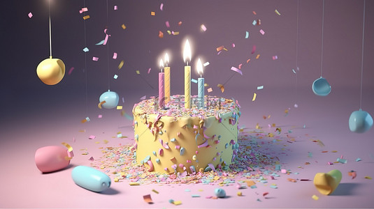 卡通生日派对背景图片_柔和主题的生日派对背景，带有 3D 渲染的蛋糕蜡烛和布满五彩纸屑的波普尔