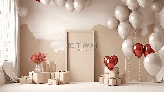 米色主题情人节室内装饰着礼物心形气球和相框 3D 渲染插图