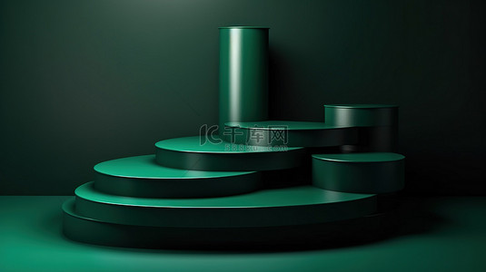 不对称抽象背景，设有深绿色 3D 产品展示台，用于摄影和广告