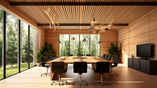 时尚的会议空间，配有木桌和椅子，现代 3D 渲染