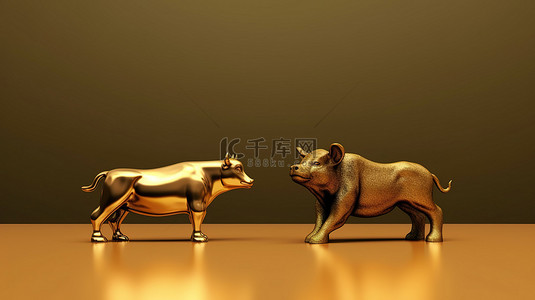 股票牛市背景图片_牛市和熊市站在金条上的 3D 渲染，带有文本空间