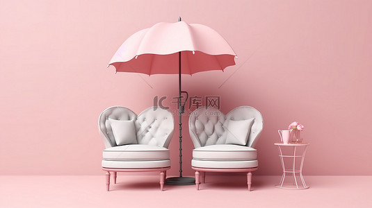 3D 渲染背景上带有心形口音和柔和粉色雨伞的豪华椅子
