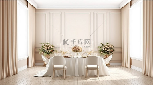 沿海主题婚礼室内部的 3D 渲染，配有餐桌和墙壁模型