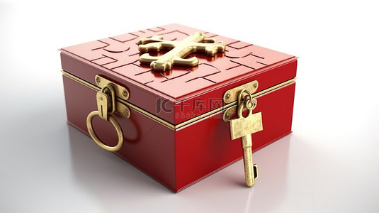 白色背景 3D 渲染上的复古金钥匙和红色拼图盒